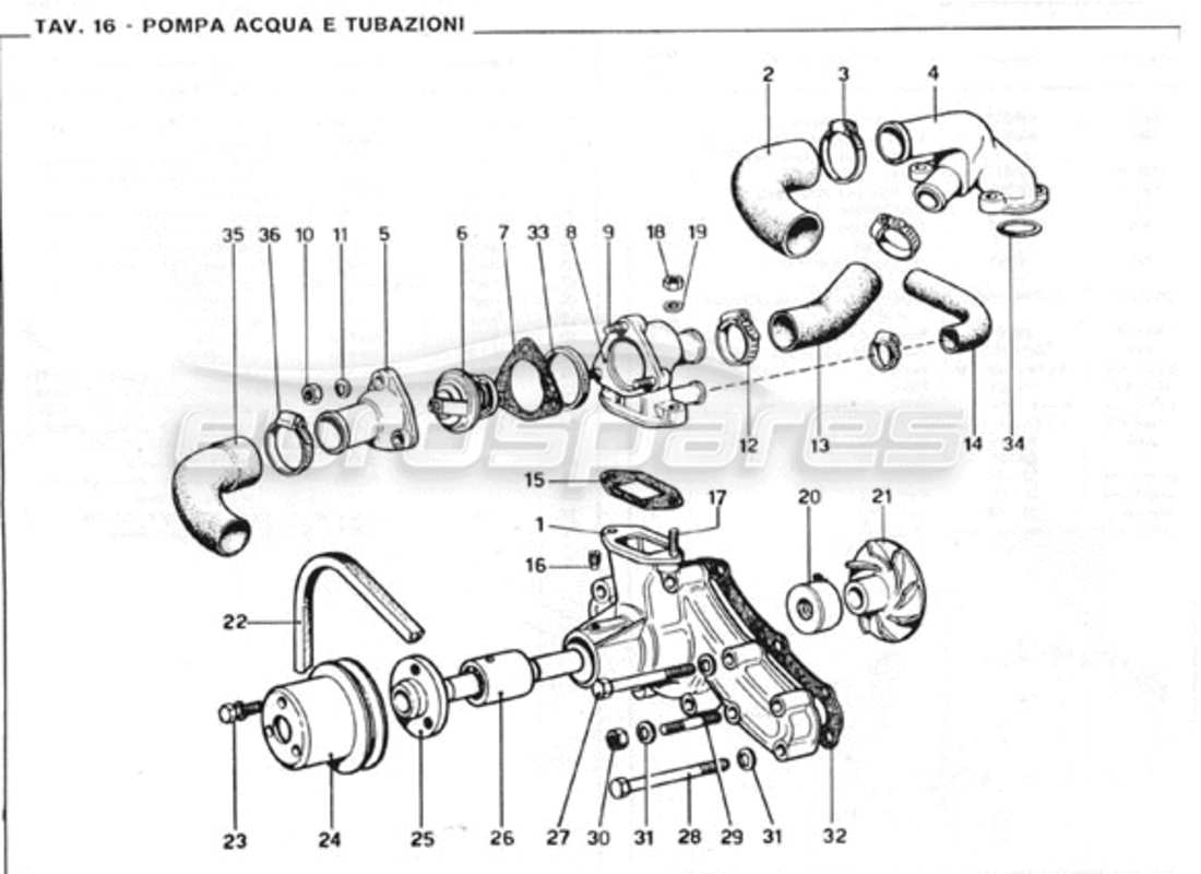 ferrari 246 gt series 1 schéma des pièces de la pompe à eau et des tuyaux