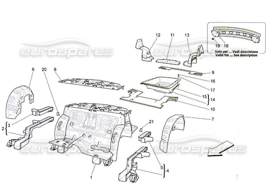maserati qtp. (2010) 4.2 schéma des pièces des cadres structurels arrière et des panneaux en tôle