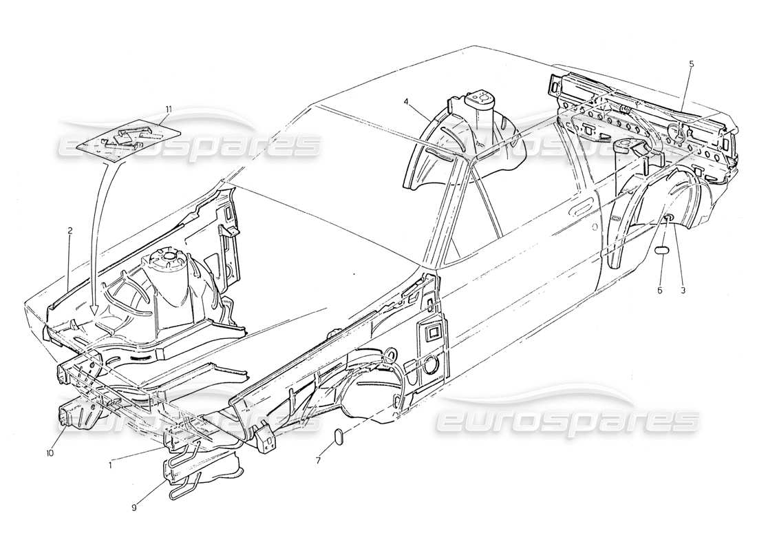 maserati 228 coque de carrosserie : diagramme de pièces des panneaux intérieurs