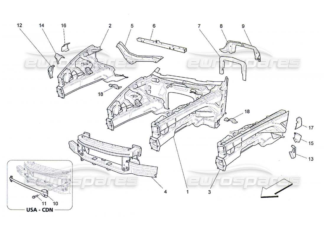 maserati qtp. (2010) 4.7 schéma des pièces des cadres structurels avant et des panneaux en tôle