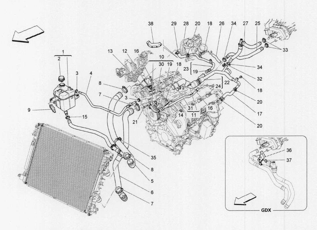 maserati qtp. v6 3.0 tds 275bhp 2017 système de refroidissement : diagramme de pièces nourice et lignes
