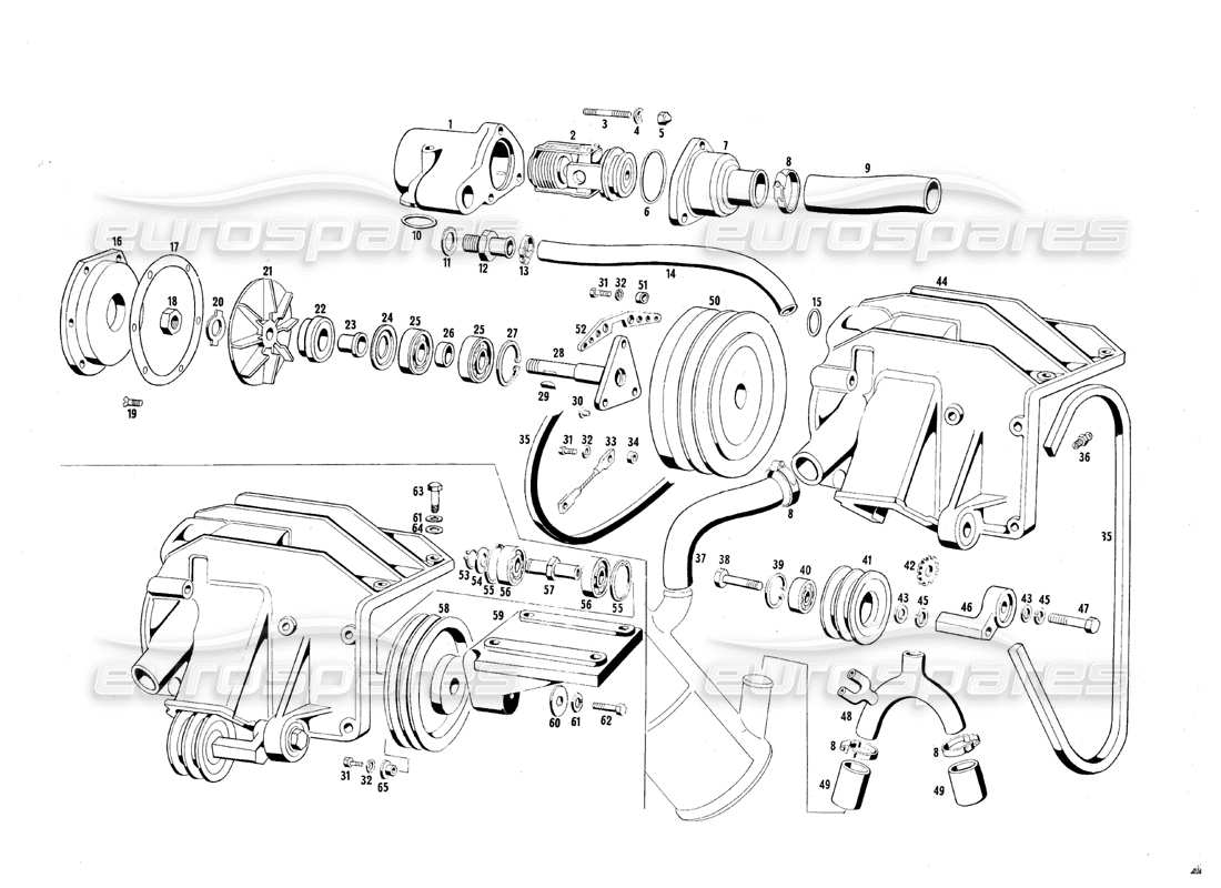 maserati qtp.v8 4.7 (s1 & s2) 1967 schéma des pièces de refroidissement du moteur