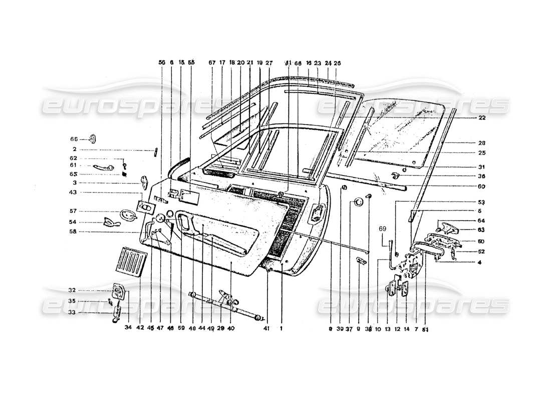 ferrari 365 gt4 2+2 coachwork doors & inner fixings part diagram