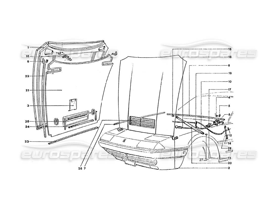 ferrari 365 gt4 2+2 coachwork diagramme des pièces du capot avant