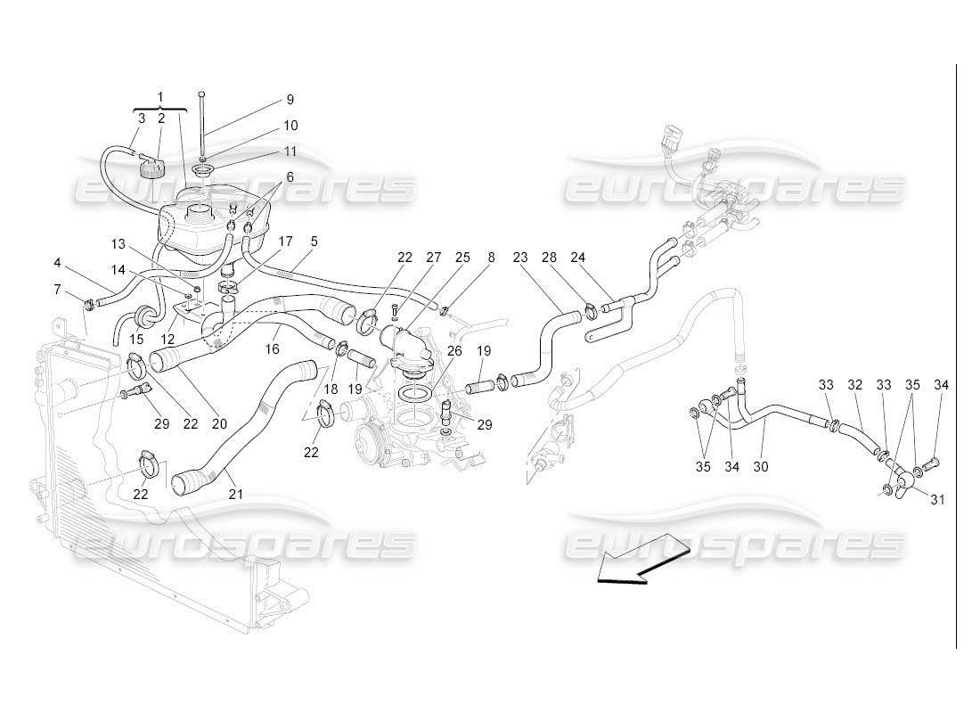 maserati qtp. (2007) 4.2 auto système de refroidissement : diagramme de pièces nourice et lignes