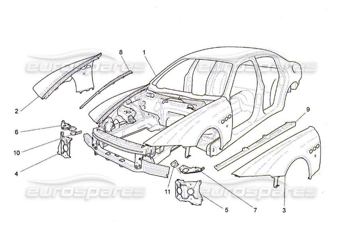 maserati qtp. (2010) 4.2 schéma des pièces de la carrosserie et des panneaux de garniture extérieurs avant