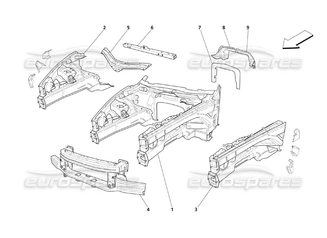 maserati qtp. (2003) 4.2 diagramme des pièces des pièces structurelles avant