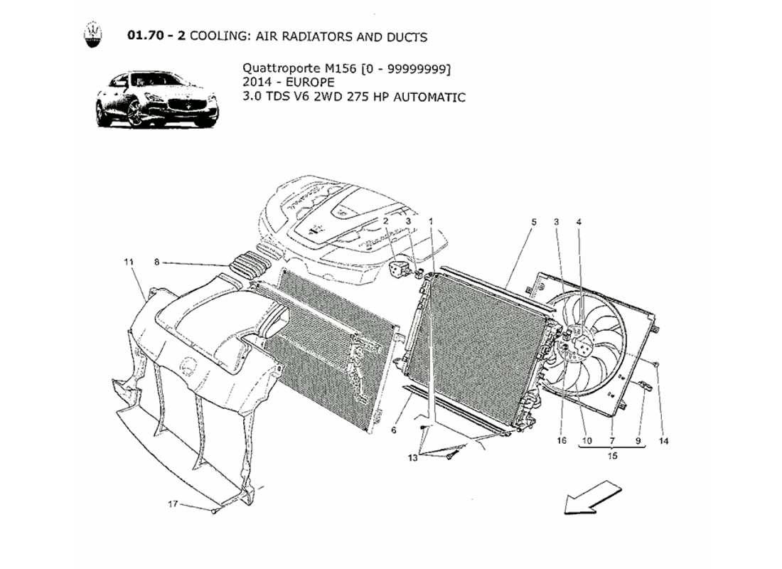 maserati qtp. v6 3.0 tds 275bhp 2014 refroidissement : diagramme de pièces des radiateurs et des conduits d'air