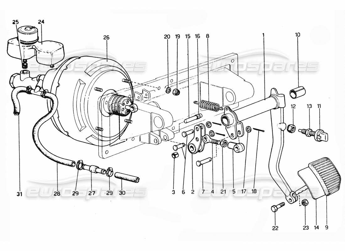 ferrari 365 gtc4 (mechanical) schéma des pièces de la pédale de frein et du maître de frein