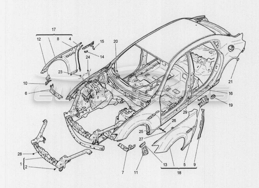 maserati qtp. v8 3.8 530bhp auto 2015 schéma des pièces de la carrosserie et des panneaux de garniture extérieurs avant