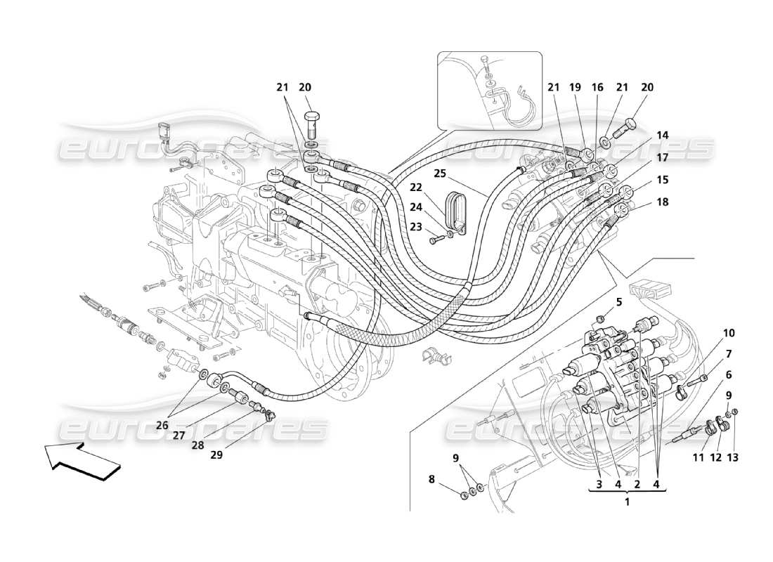 maserati qtp. (2003) 4.2 système hydraulique de commande de boîte de vitesses : diagramme de pièces du groupe motopropulseur