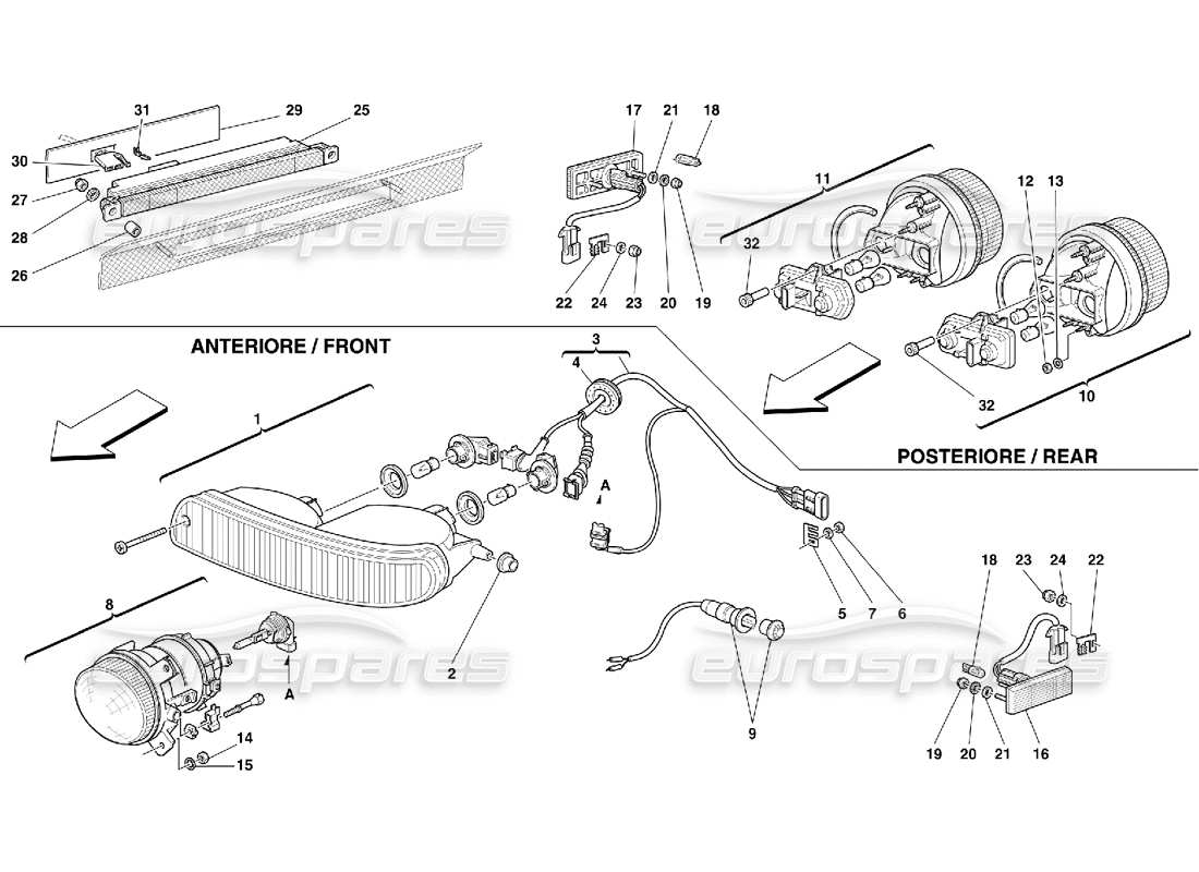ferrari 355 (5.2 motronic) schéma des pièces des feux avant et arrière
