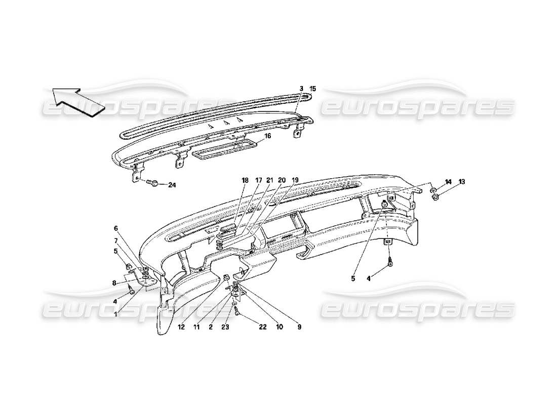 ferrari 348 (2.7 motronic) tableau de bord - diagramme des pièces de structure et de supports