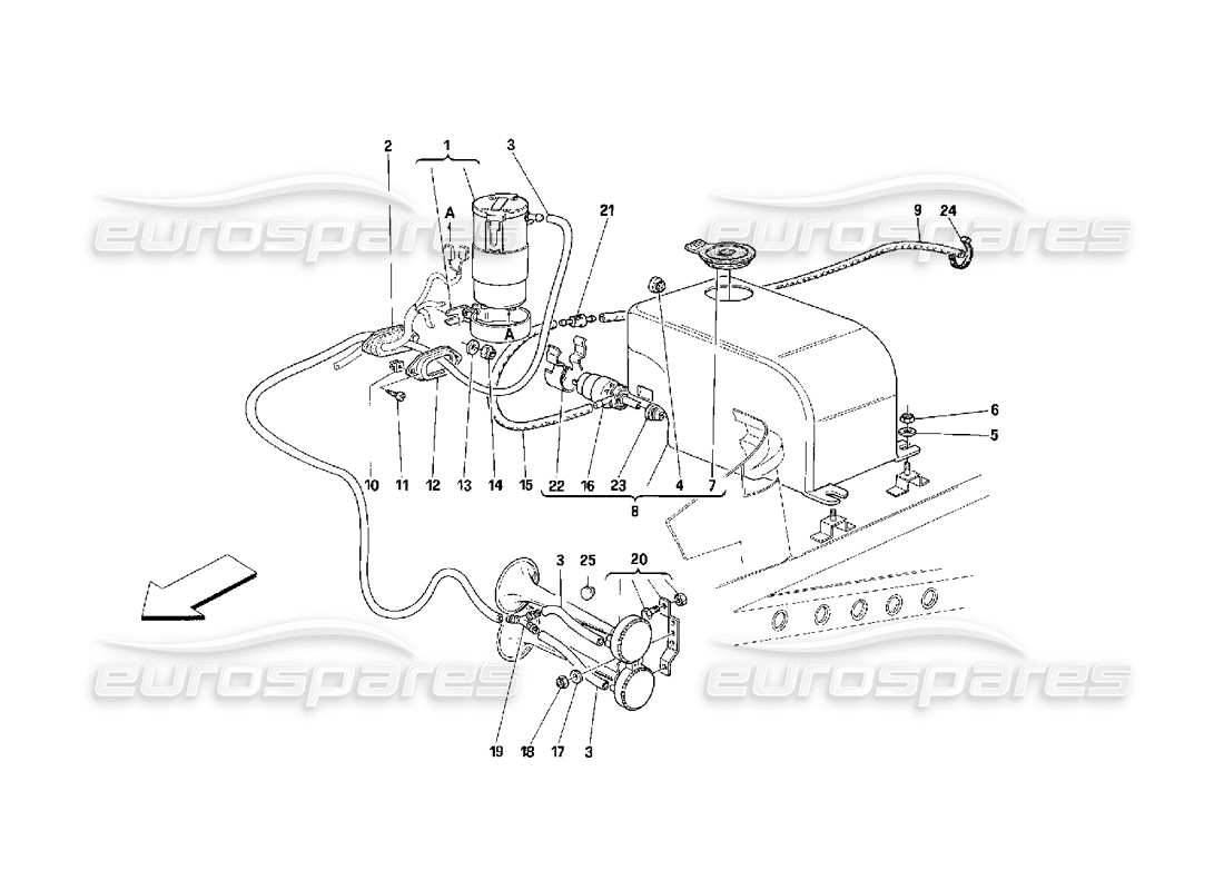 ferrari 348 (2.7 motronic) schéma des pièces de la rondelle de verre et des klaxons