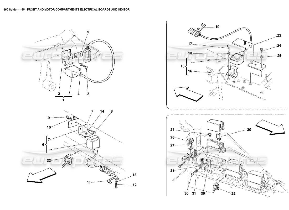ferrari 360 spider tableau électrique des compartiments avant et moteur et diagramme des pièces du capteur