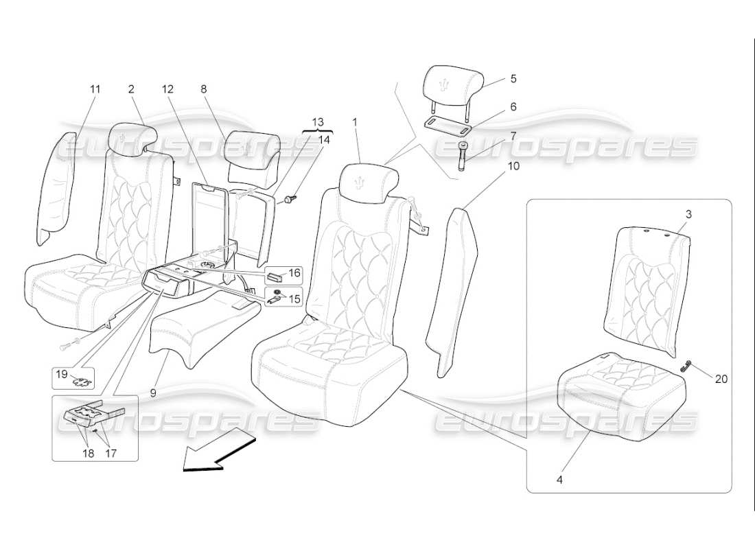 maserati qtp. (2008) 4.2 auto sièges arrière : diagramme de pièces des panneaux de garniture