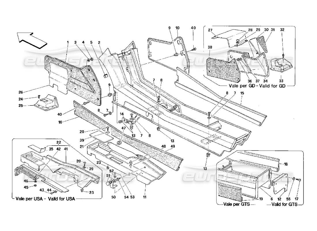 ferrari 348 (2.7 motronic) tunnel – diagramme des pièces du cadre et des garnitures