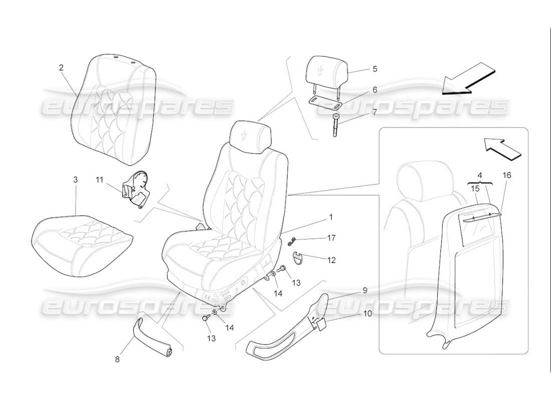 maserati qtp. (2008) 4.2 auto sièges avant : diagramme de pièces des panneaux de garniture