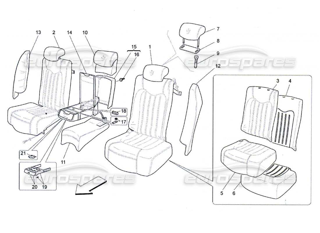 maserati qtp. (2010) 4.7 sièges arrière : diagramme de pièces des panneaux de garniture