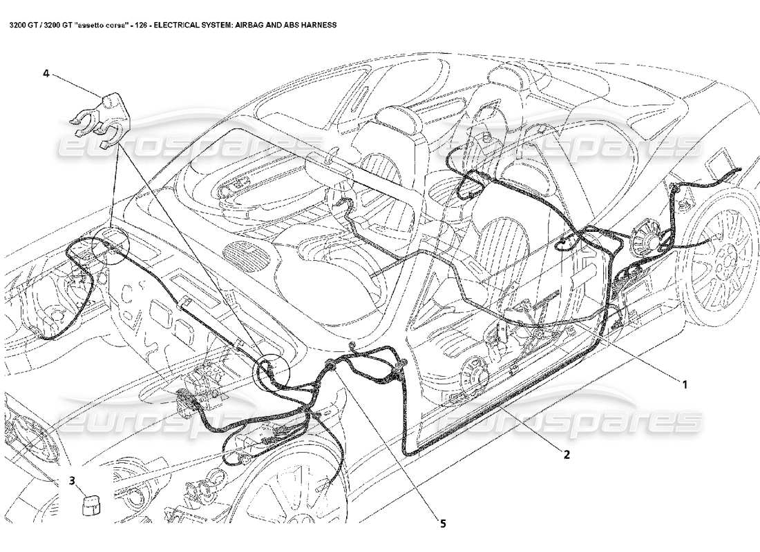 maserati 3200 gt/gta/assetto corsa électrique : schéma des pièces de l'airbag et du faisceau abs