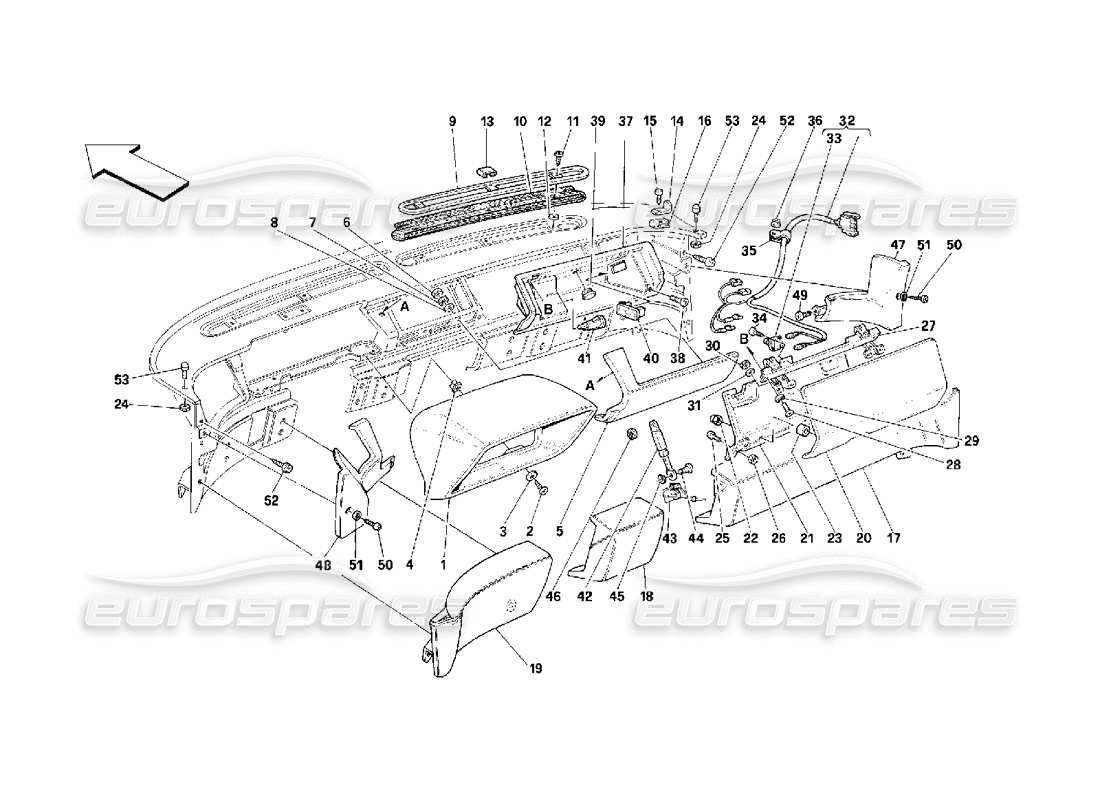 ferrari 348 (2.7 motronic) tableau de bord - schéma des pièces de garniture et d'accessoires
