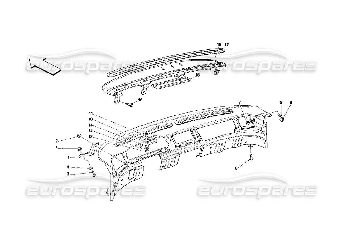 ferrari 348 (2.7 motronic) tableau de bord - diagramme des pièces de structure et de supports