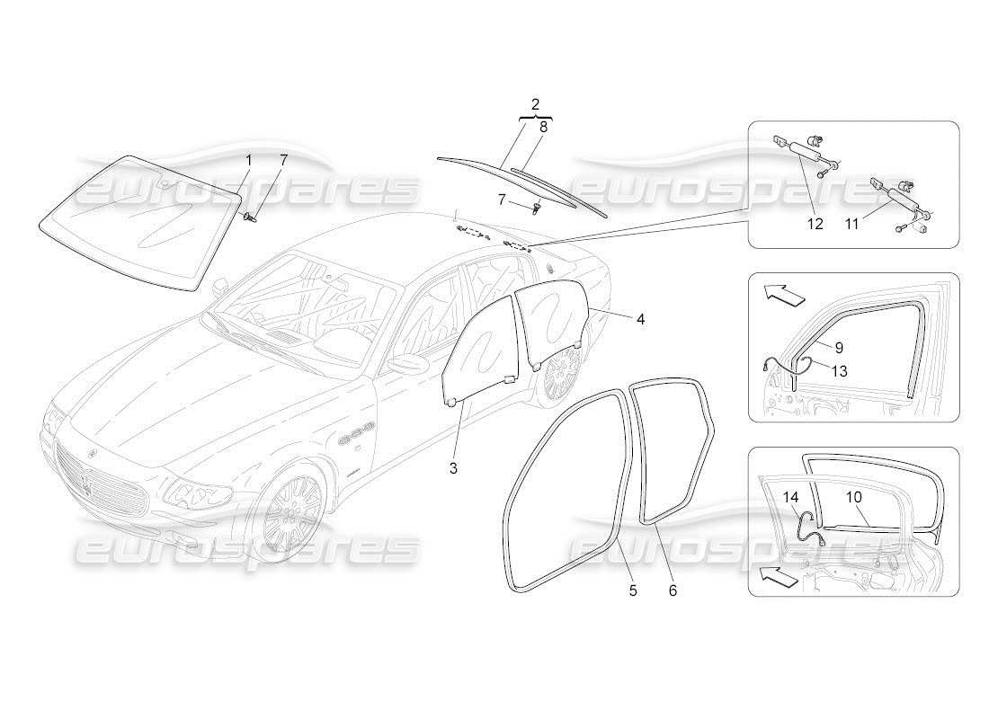 maserati qtp. (2010) 4.2 auto diagramme de pièces de fenêtres et de bandes de fenêtre