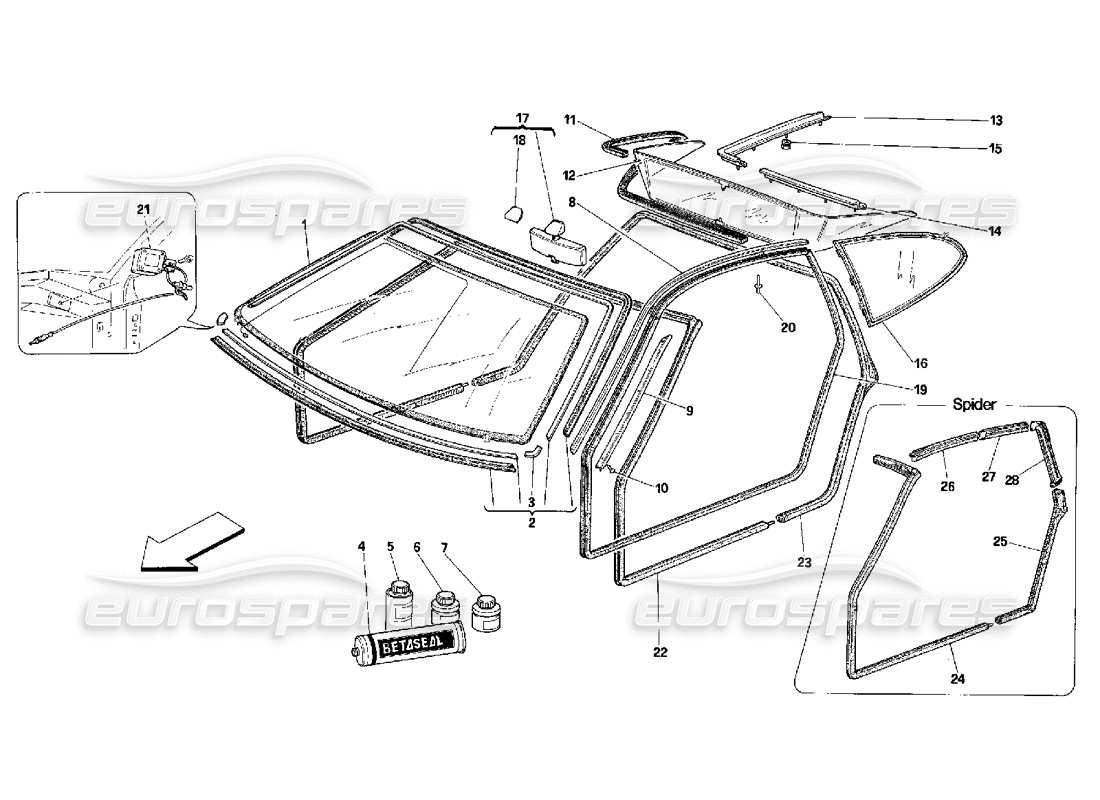ferrari 348 (2.7 motronic) schéma des pièces des verres et des joints