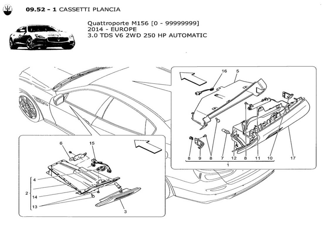 maserati qtp. v6 3.0 tds 250bhp 2014 diagramme des pièces des boîtes à gants