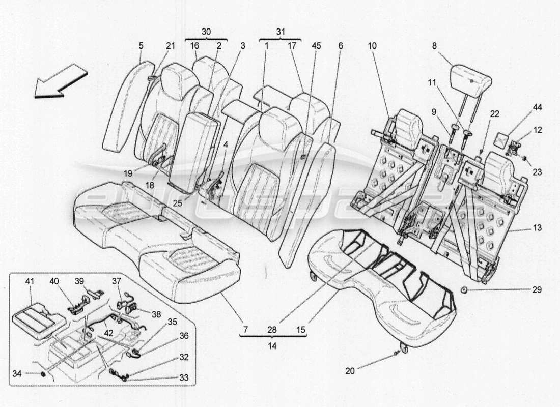 maserati qtp. v8 3.8 530bhp 2014 auto sièges arrière : diagramme de pièces des panneaux de garniture