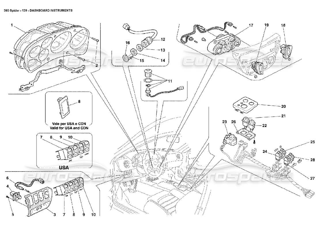 ferrari 360 spider instruments du tableau de bord schéma des pièces