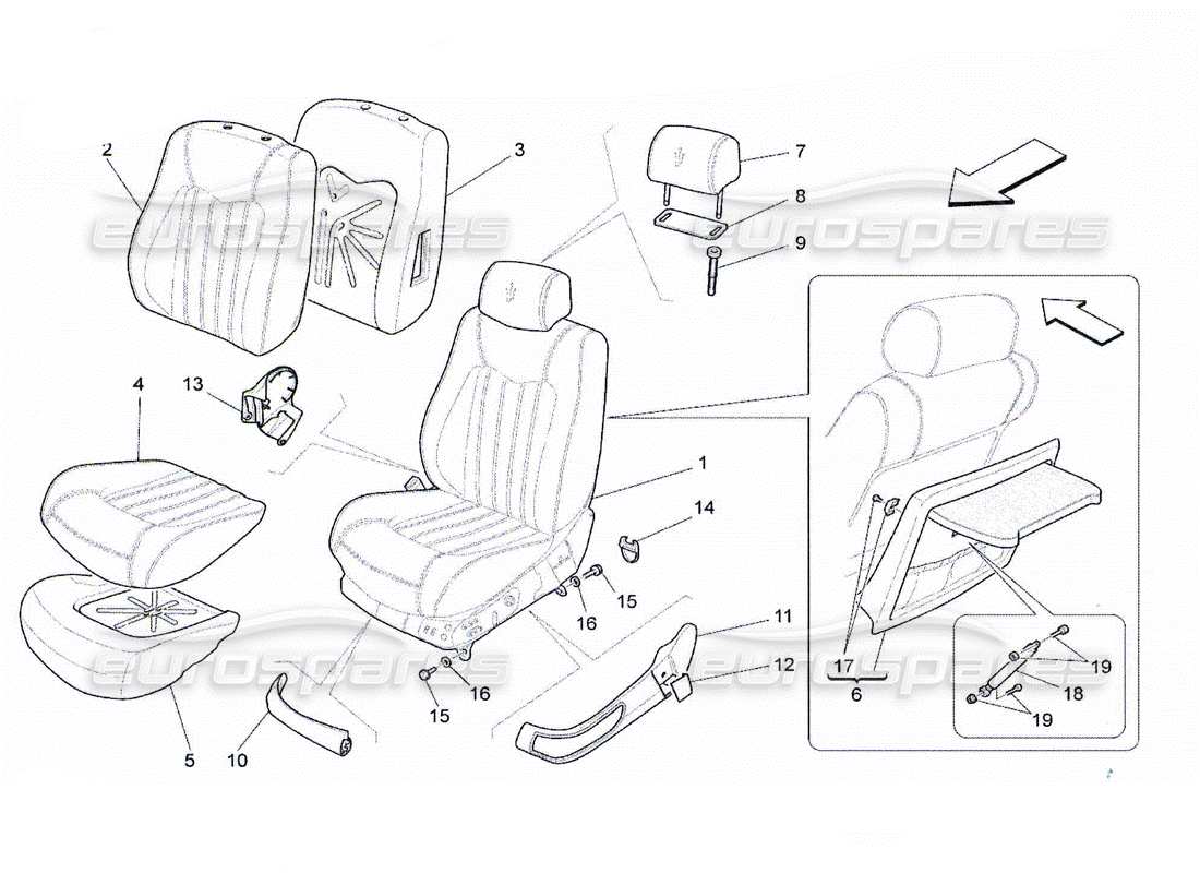 maserati qtp. (2010) 4.2 sièges avant : diagramme de pièces des panneaux de garniture