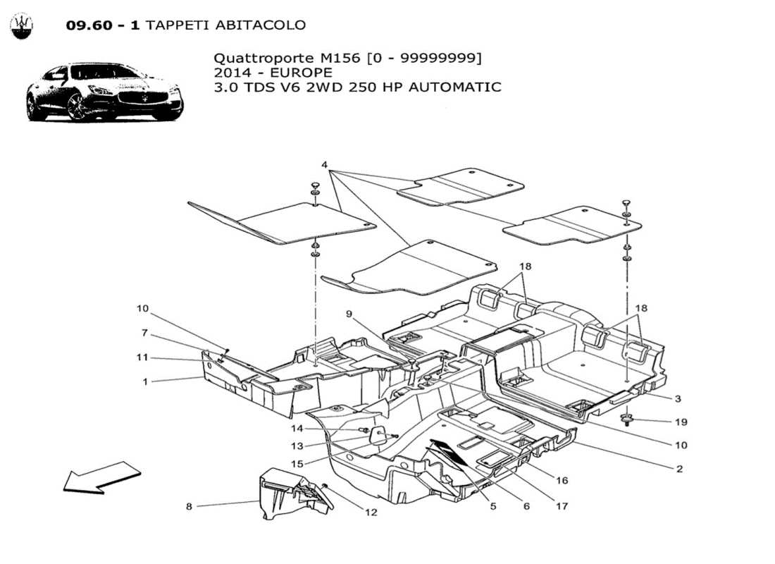 maserati qtp. v6 3.0 tds 250bhp 2014 tapis pour habitacle passagers schéma des pièces