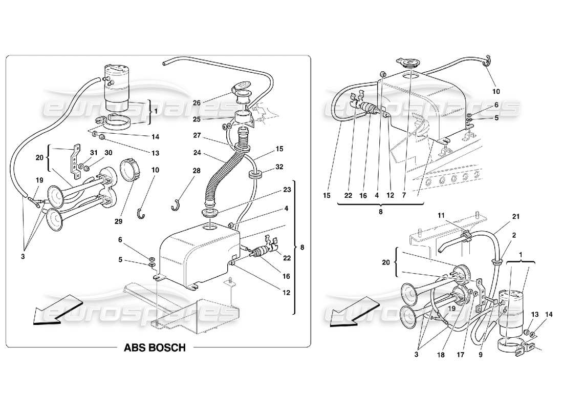 ferrari 355 (5.2 motronic) schéma des pièces de la rondelle de verre et des klaxons