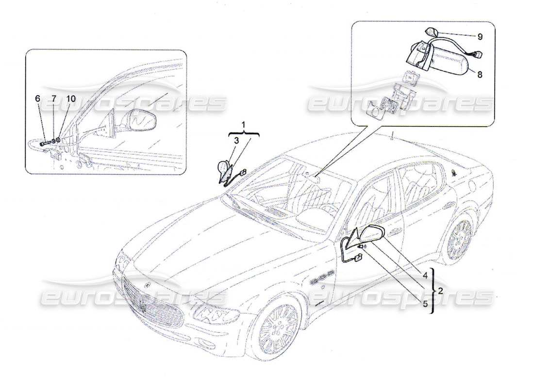 maserati qtp. (2010) 4.7 schéma des pièces des rétroviseurs internes et externes