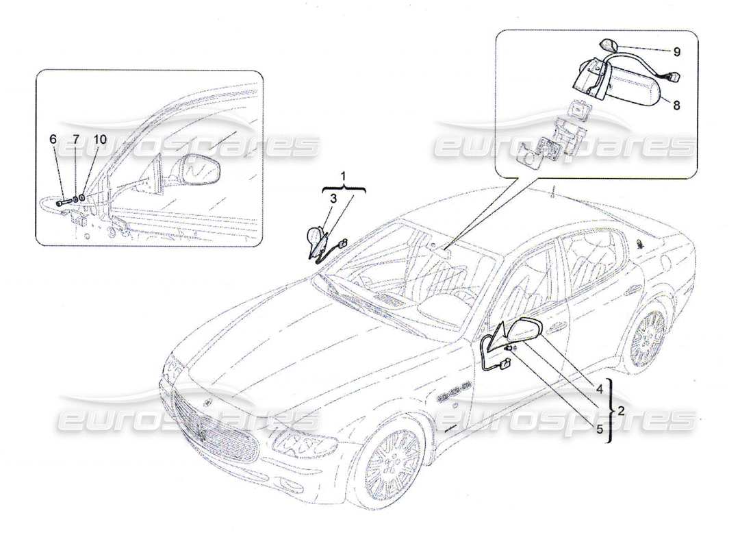 maserati qtp. (2010) 4.7 schéma des pièces des rétroviseurs internes et externes