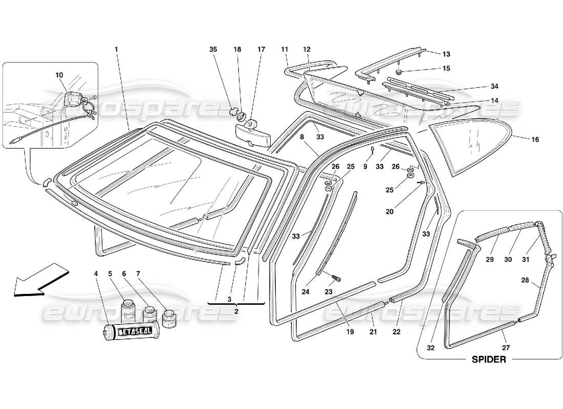 ferrari 355 (5.2 motronic) verres et joints schéma des pièces