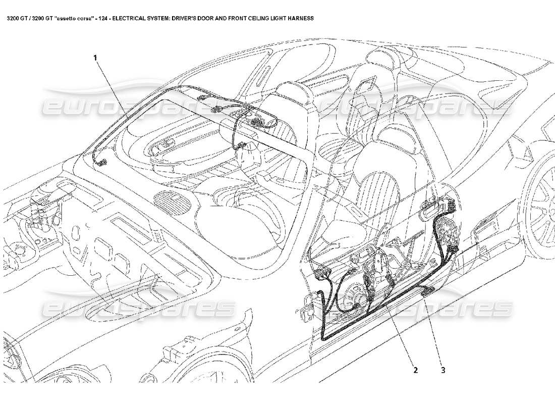 maserati 3200 gt/gta/assetto corsa électricité : schéma des pièces du faisceau de lumière de la porte conducteur et du plafonnier avant