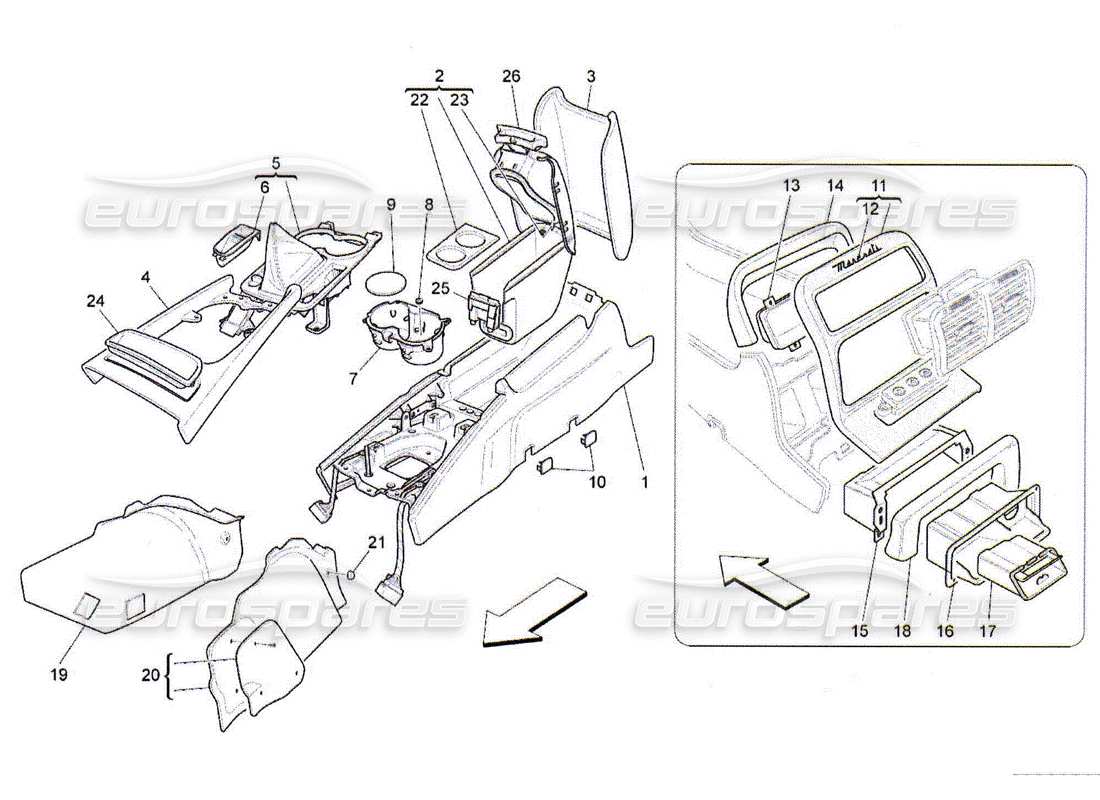 maserati qtp. (2010) 4.2 schéma des pièces de la console d'accessoires et de la console centrale