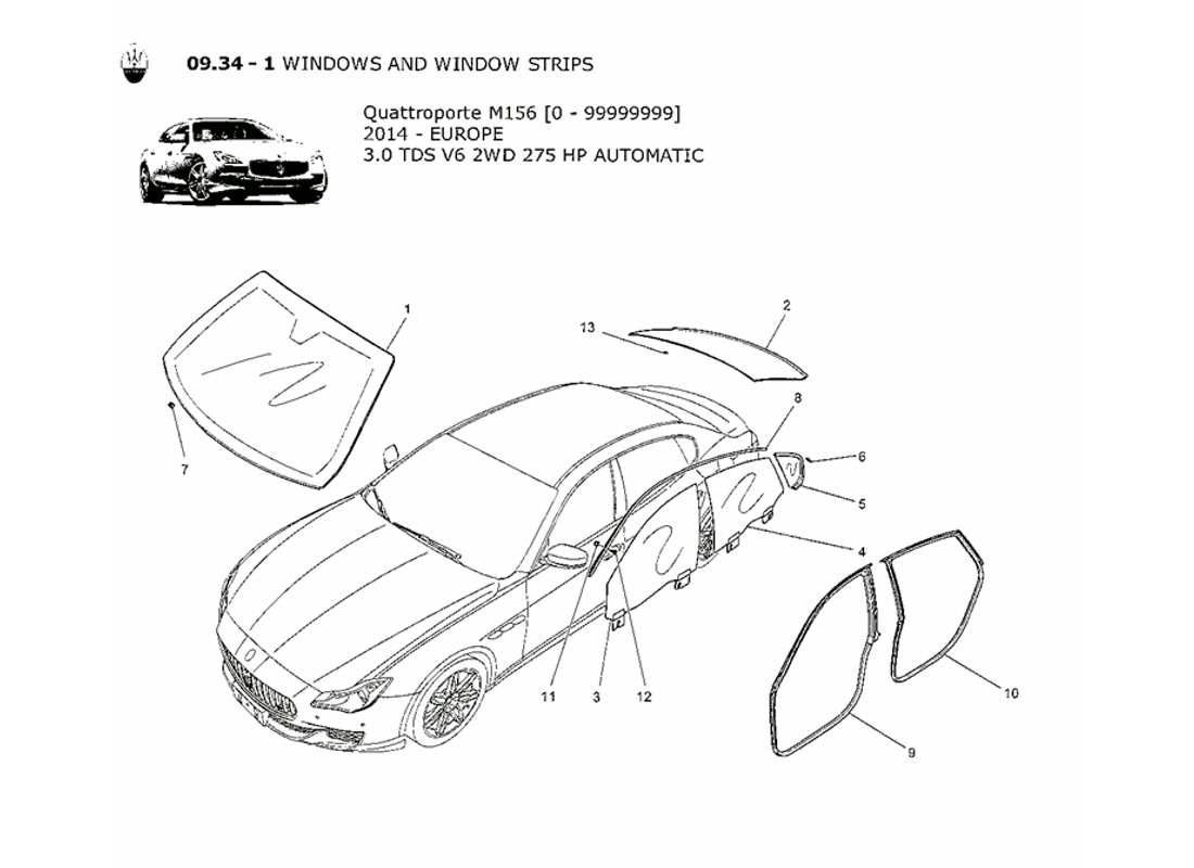 maserati qtp. v6 3.0 tds 275bhp 2014 diagramme de pièces de fenêtres et de bandes de fenêtre