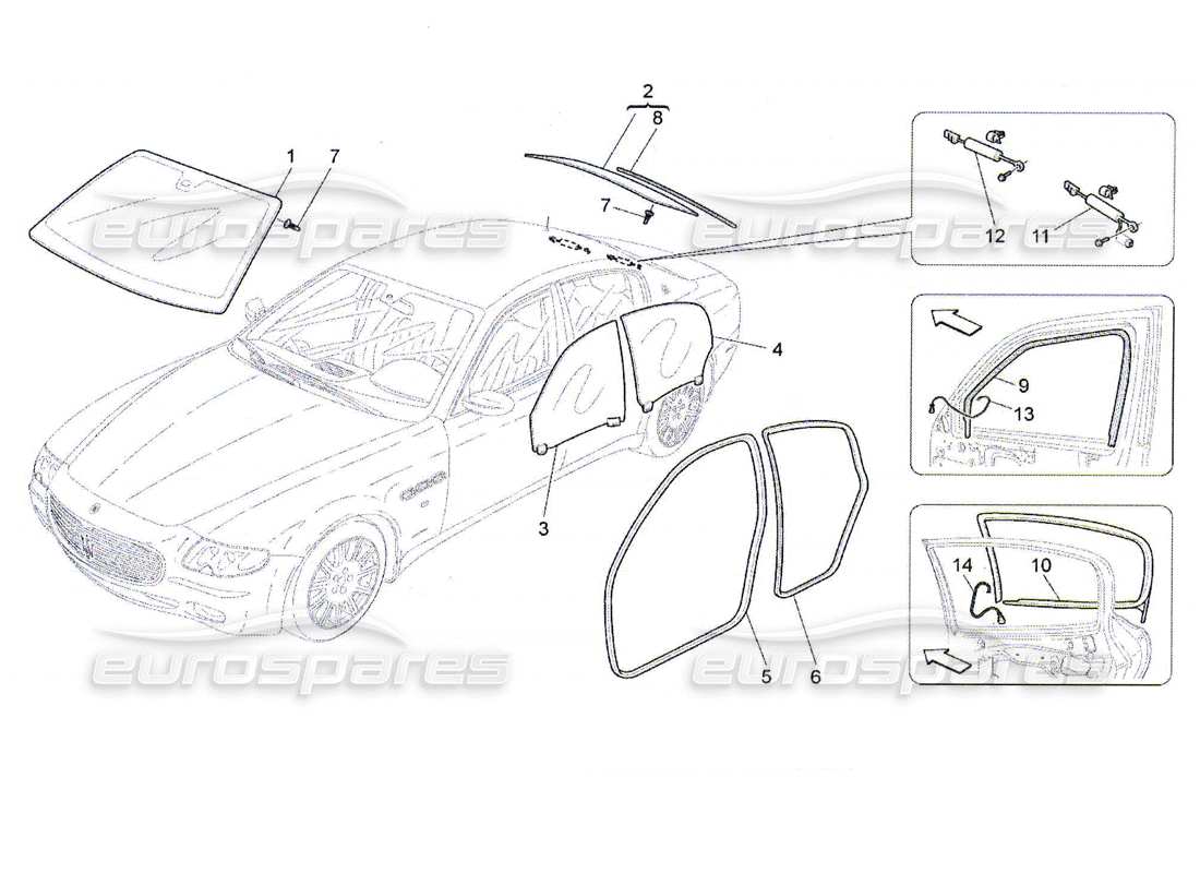 maserati qtp. (2010) 4.7 diagramme de pièces de fenêtres et de bandes de fenêtre