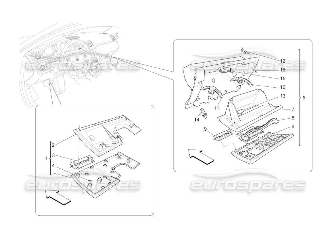 maserati grancabrio (2011) 4.7 diagramme des pièces des boîtes à gants