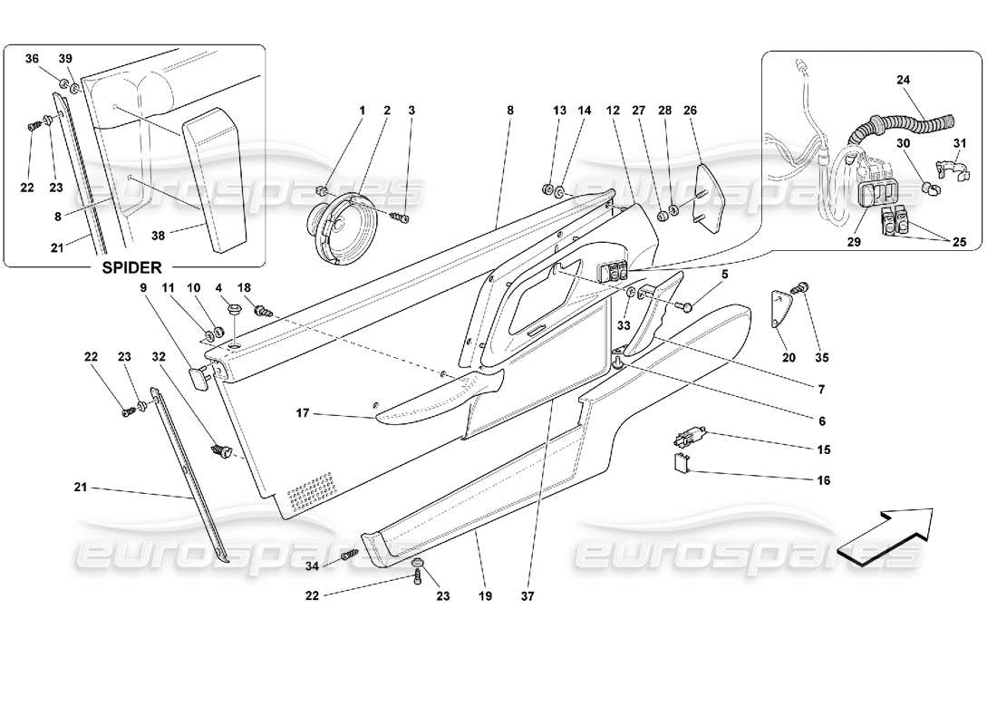 ferrari 355 (2.7 motronic) portes - schéma des pièces des garnitures intérieures