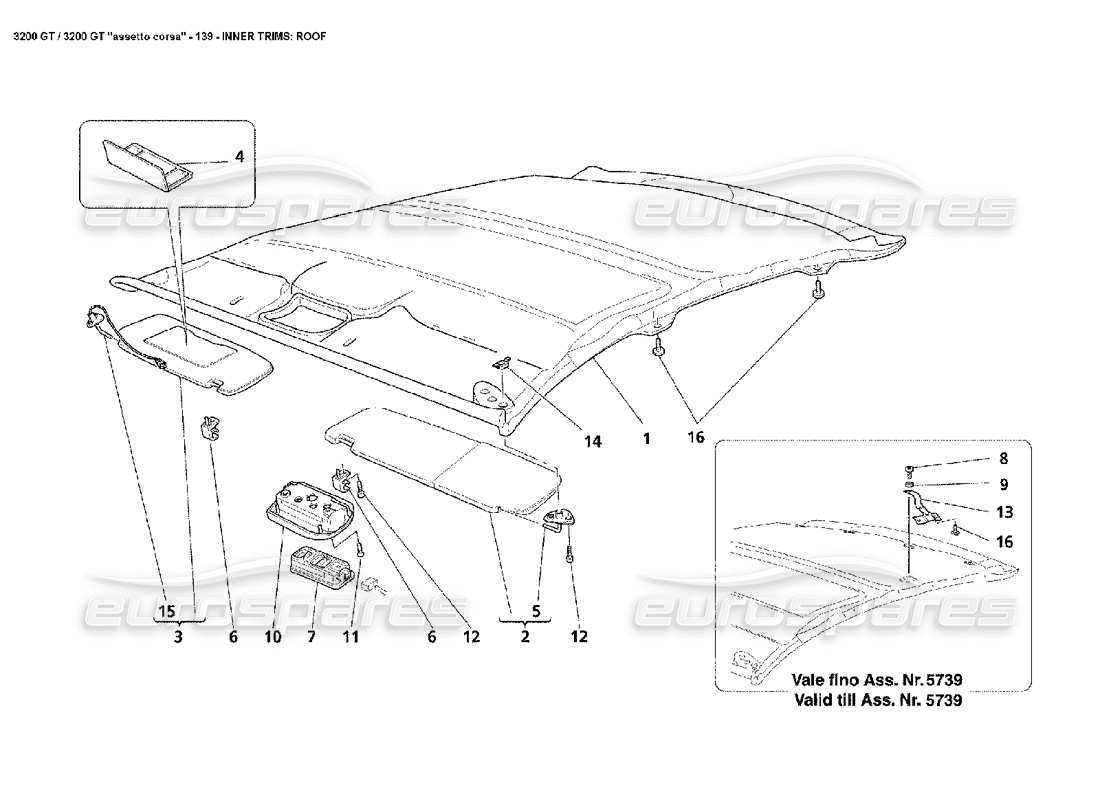 maserati 3200 gt/gta/assetto corsa garnitures intérieures : diagramme des pièces de toit