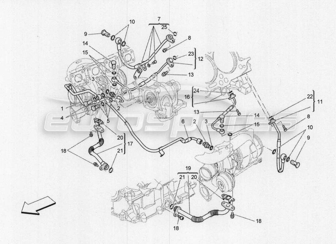 maserati qtp. v8 3.8 530bhp 2014 auto système de turbocompression : lubrification et refroidissement schéma des pièces