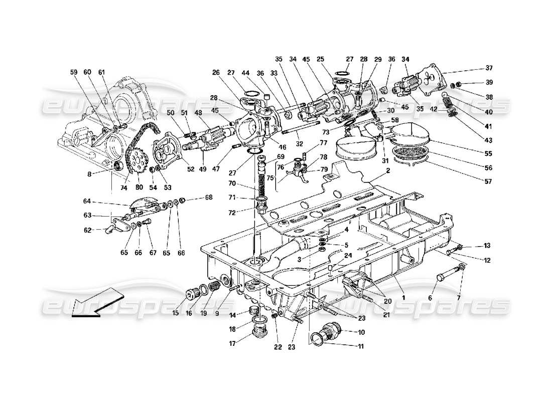 ferrari 348 (2.7 motronic) lubrification - schéma des pièces des pompes et des carters d'huile