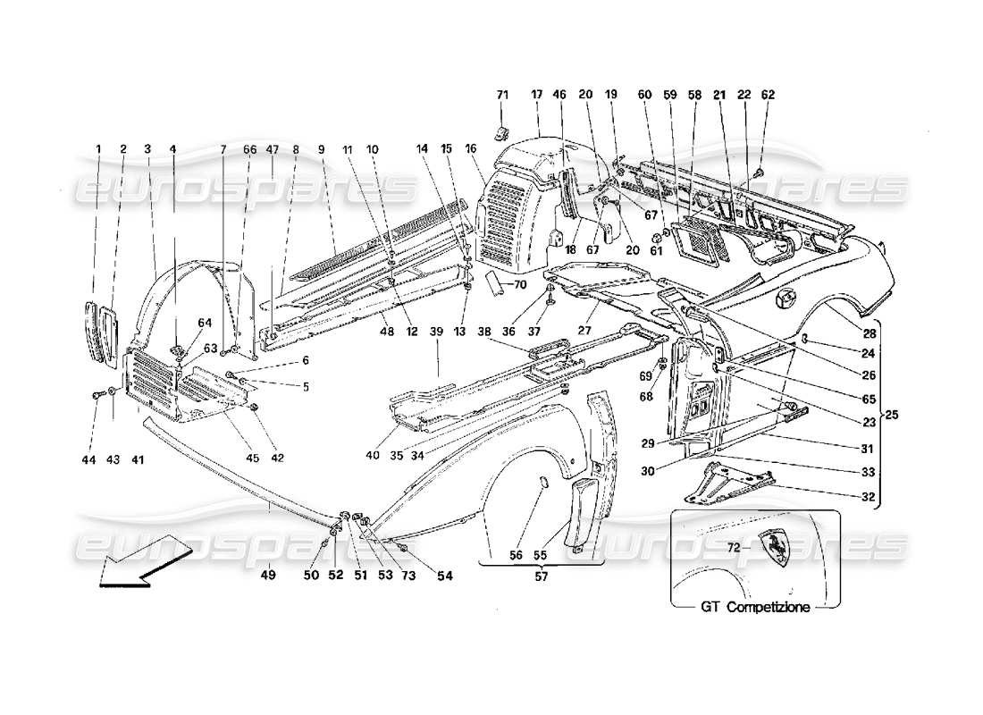 ferrari 348 (2.7 motronic) carrosserie - diagramme des pièces des garnitures extérieures