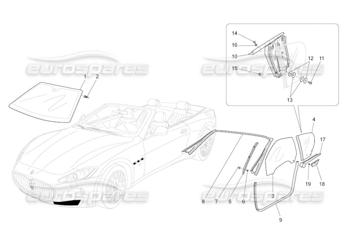 maserati grancabrio (2010) 4.7 diagramme de pièces de fenêtres et de bandes de fenêtre