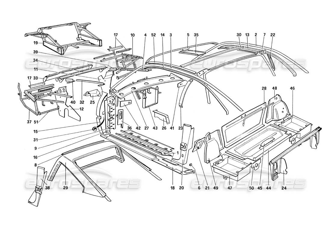 ferrari 328 (1985) coque de carrosserie - éléments intérieurs (pour les versions us et sa) schéma des pièces