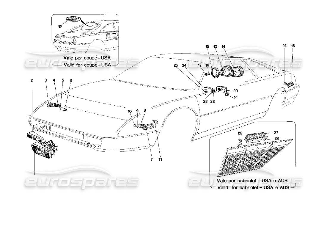 ferrari mondial 3.4 t coupe/cabrio dispositifs d'éclairage fixes schéma des pièces